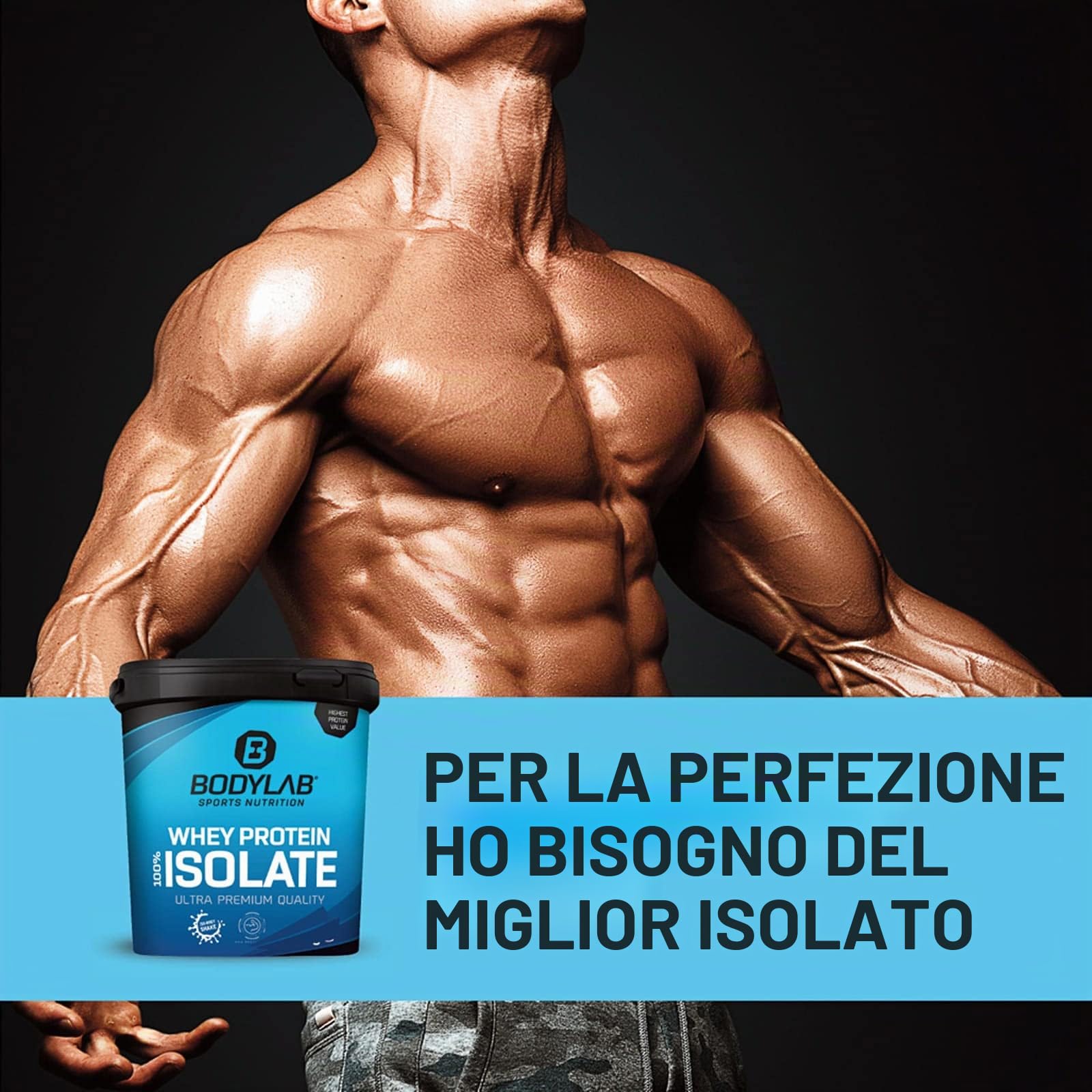 Whey Protein Isolate Neutro 2kg Bodylab24, proteine in polvere a base di siero del latte isolato, in grado di favorire la costruzione muscolare, senza aspartame