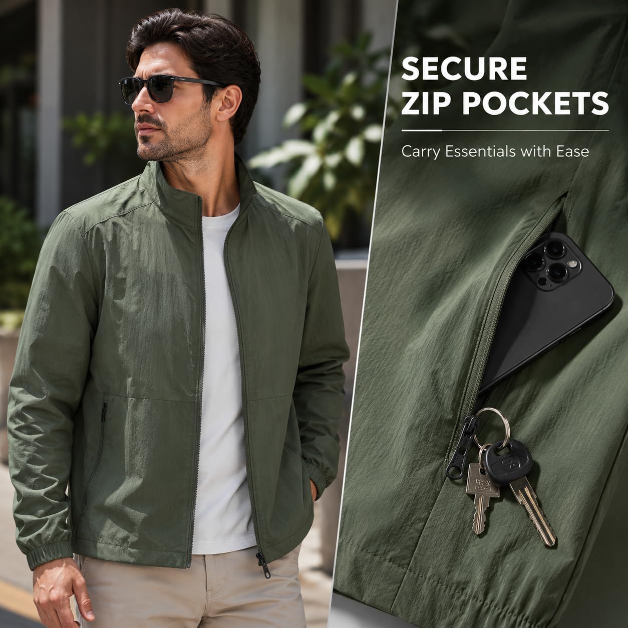 Men's Lightweight Windbreaker Jacket - Classic Stand Collar Golf Jacket - Breathable Mesh Lined Casual Outdoor Shell