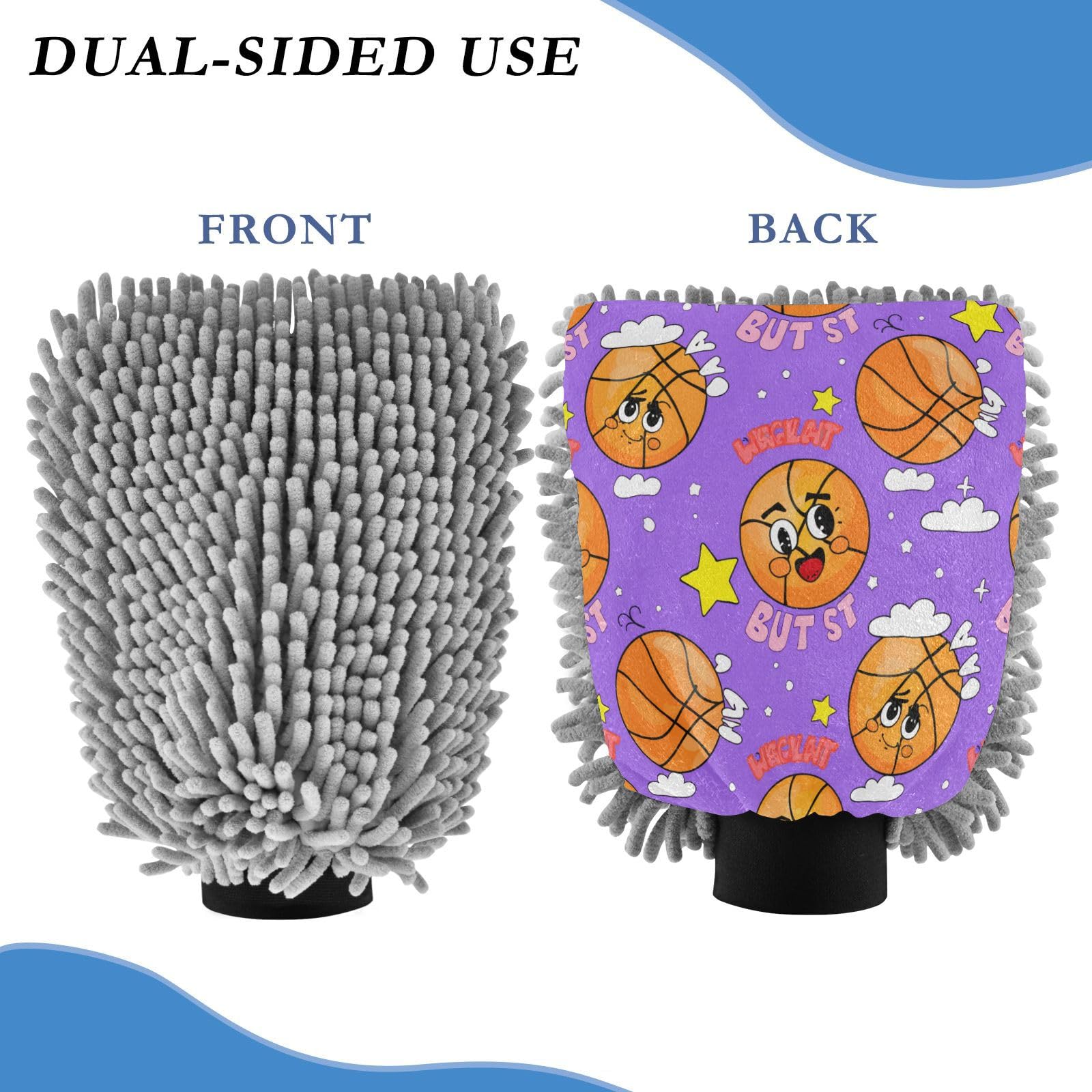 STAYTOP Cartoon Flame Basketball Car Wash Mitt Microfiber, 2Pcs Scratch Free Lint-Free, Premium Chenille Microfiber Mitt Car Wash Brush-M