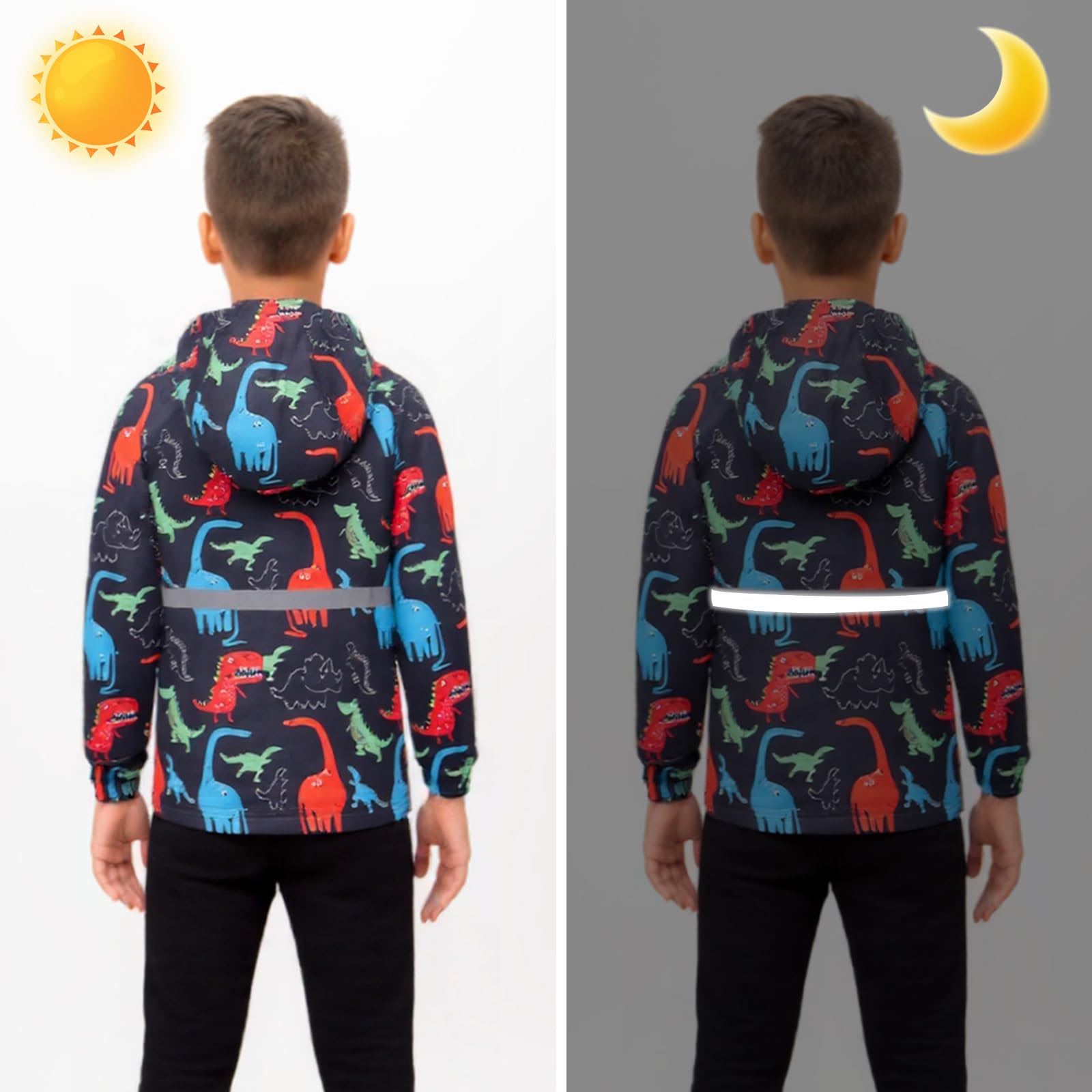 Giacca Impermeabile per Ragazzi Giacca da Pioggia Foderato in Pile Bambino Antipioggia Softshell Giubbotto con Cappuccio Dinosauri Stampa Impermeabile Cappotto Calda Giacche Bambini 3-12 anni