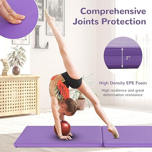 Miniatura 4 de GYMAX Tapete de ejercicio, 2 x 6 pies, biplegable con asas de transporte, tapete grueso para entrenamiento en casa para gimnasia, pulgar, yoga,