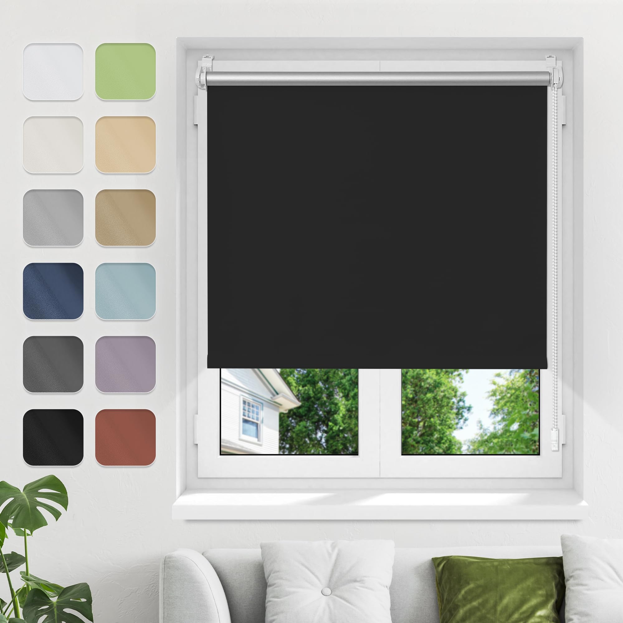 Verdunkelungsrollo ohne Bohren Klemmfix B45xH110cm Schwarz Verdunklungsrollo Fensterrollo Thermorollo Rollo Seitenzugrollo Klemmrollos für Fenster