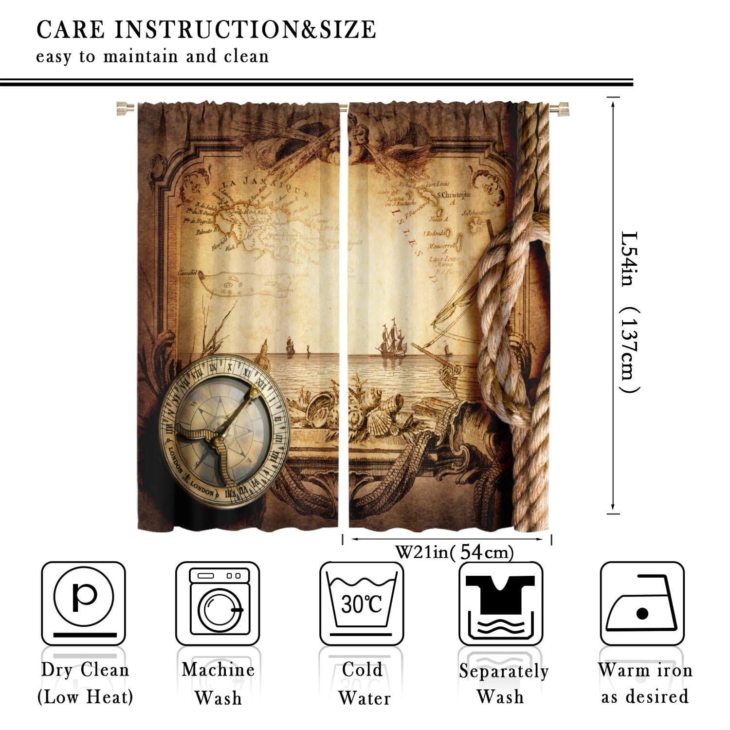 Pirate Map Curtains, Nautical Theme Old Ancient Treasure Map Secret Sea History Pattern Blackout Window Drapes for Kids Boys Bedroom Living Room 42x54 Inch