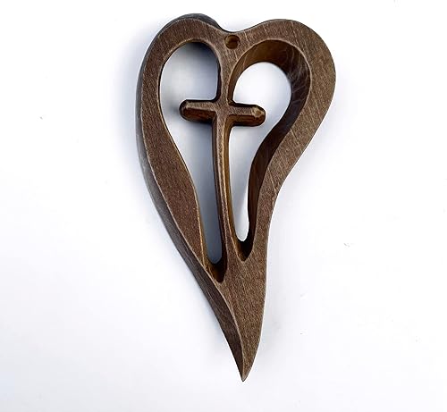 Vista 9 de Wooden Hand Cross, Handmade Wood Cross, Heart Design Cross, Wooden Carved Cross Wall Decor, Decorative Crosses for Wall Large and Small