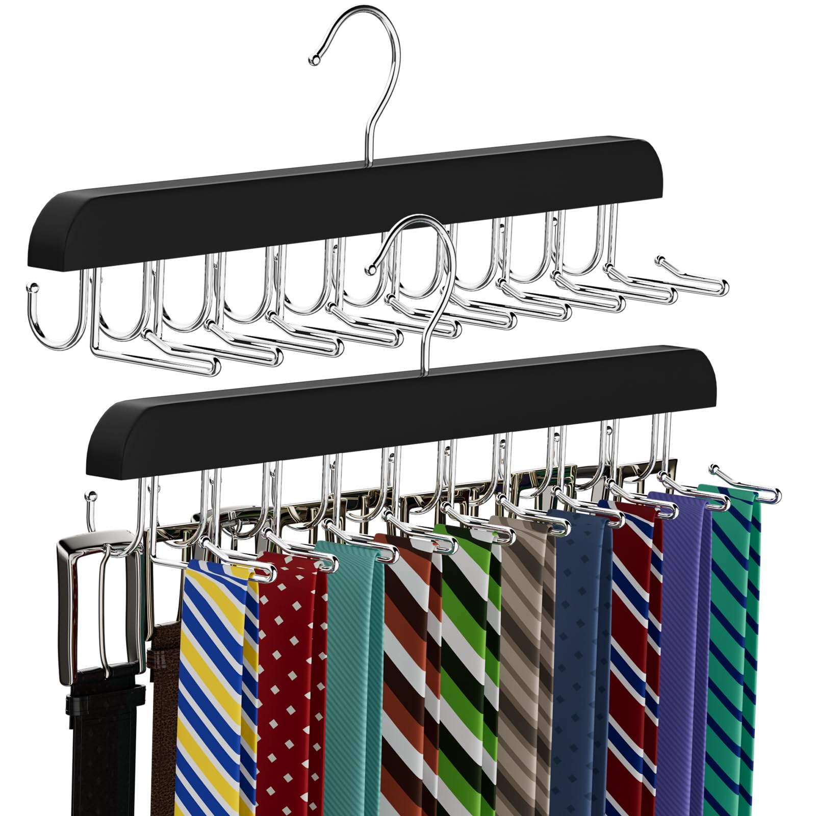 Tie Rack & Belt Hanger 2 in 1 Tie Hanger Space Saving 20 Hooks Hangers for Closet Max 30 Belts with 30 Ties Capacity, Tie Racks Wooden Hangers for Closet Organizer Storage (2, Black)
