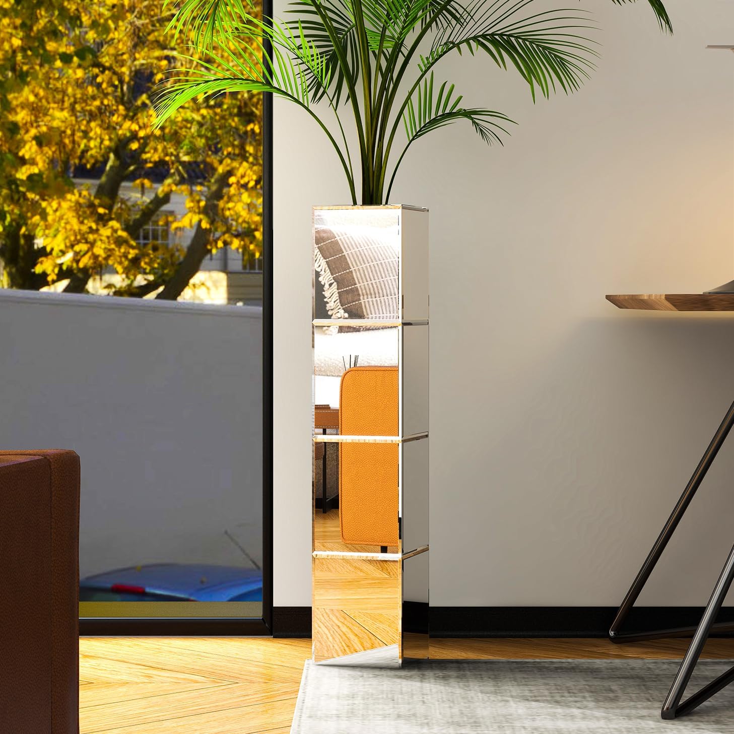 SHYFOY Jarrón de suelo grande de 70 cm, superficie de espejo, estructura de MDF, jarrón decorativo XXL para plantas artificiales y hierba de las Pampas, cilindro cuadrado, plateado