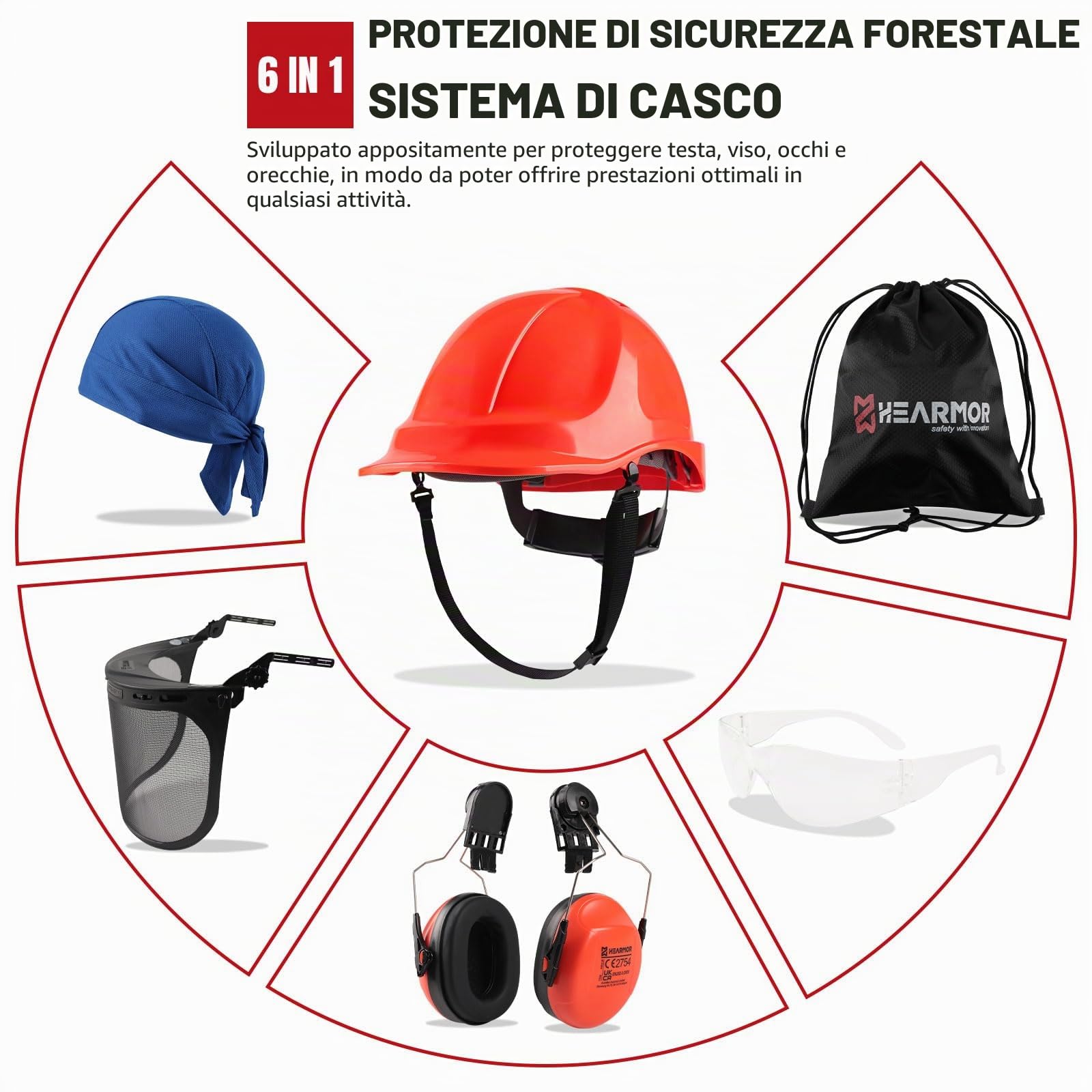 HEARMOR Casco protettivo per motoseghe con visiera e protezione dell'udito per giardinieri e lavoratori forestali, con custodia portatile e inserto rinfrescante per casco