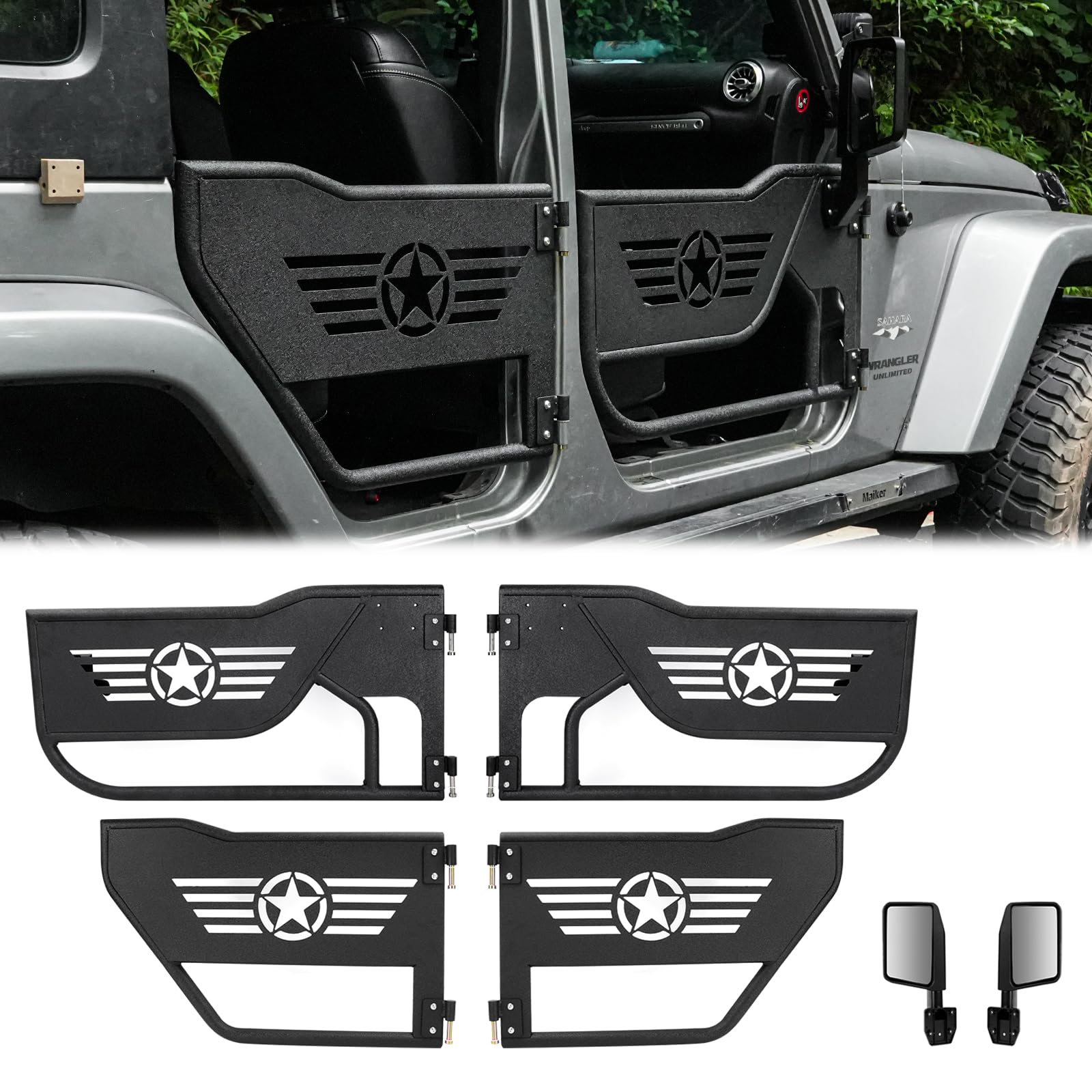 Tube Door Half Doors Tubular Doors with Mirror for 2007-2018 Jeep Wrangler JK JKU 4 Door Off-Road Steel Doors for Summer Trail Adventure（4 Doors）