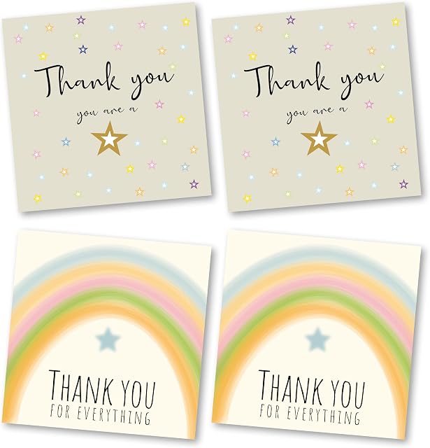 Absolutely Yours Thank You Cards Pack of 4. Contains 2 designs (Rainbow and Stars) with matching Envelopes. 115 x 115mm. Ecofriendly. Printed and Packed in UK