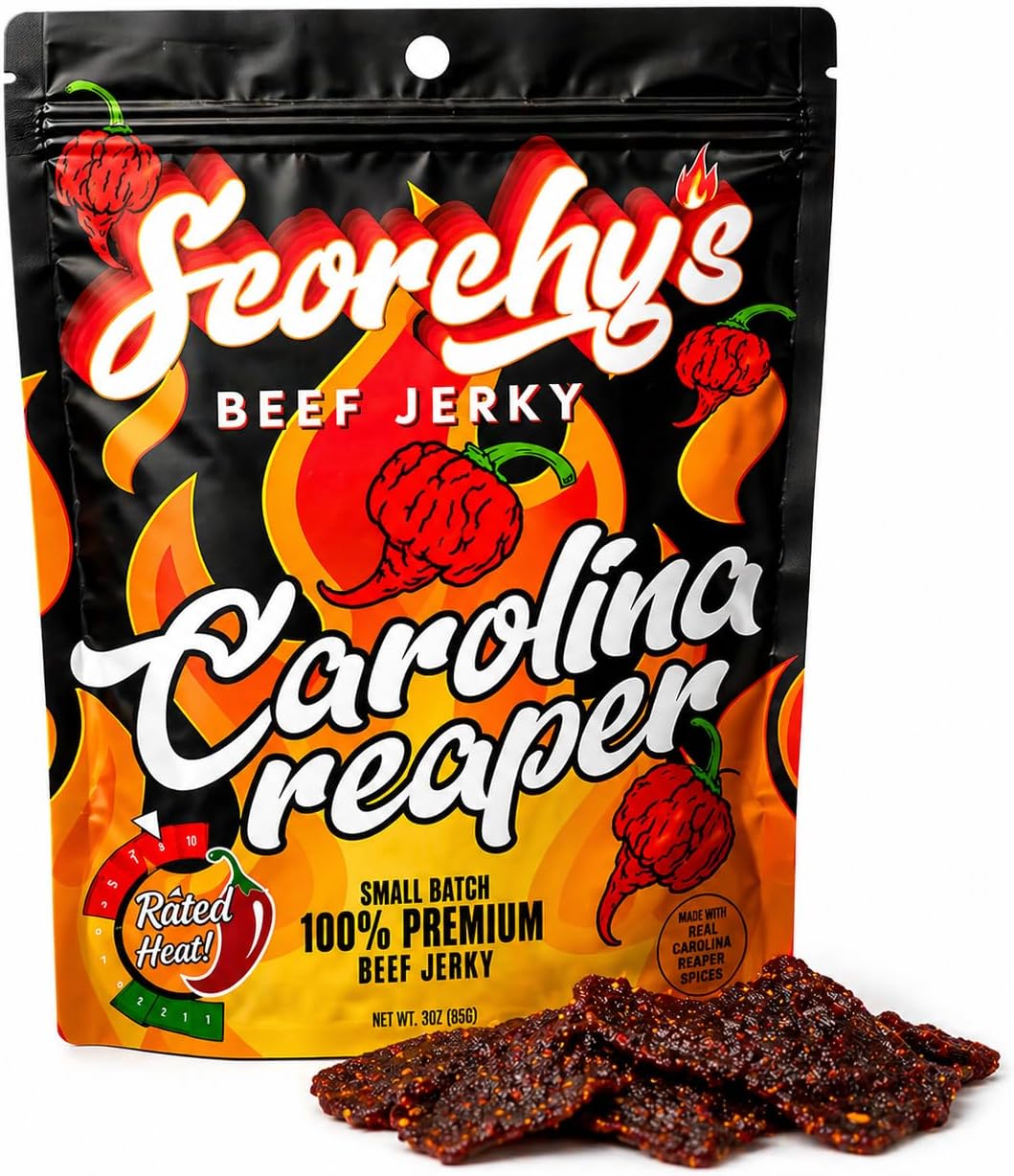 Scorchy's Jerky - Carolina Reaper Beef Jerky – Extreme Spicy Jerky, Made in USA, High Protein Snack, Low Carb, No MSG, Premium USDA Beef – Small Batch Hot Jerky for Men, Gym, Hiking (3 oz)