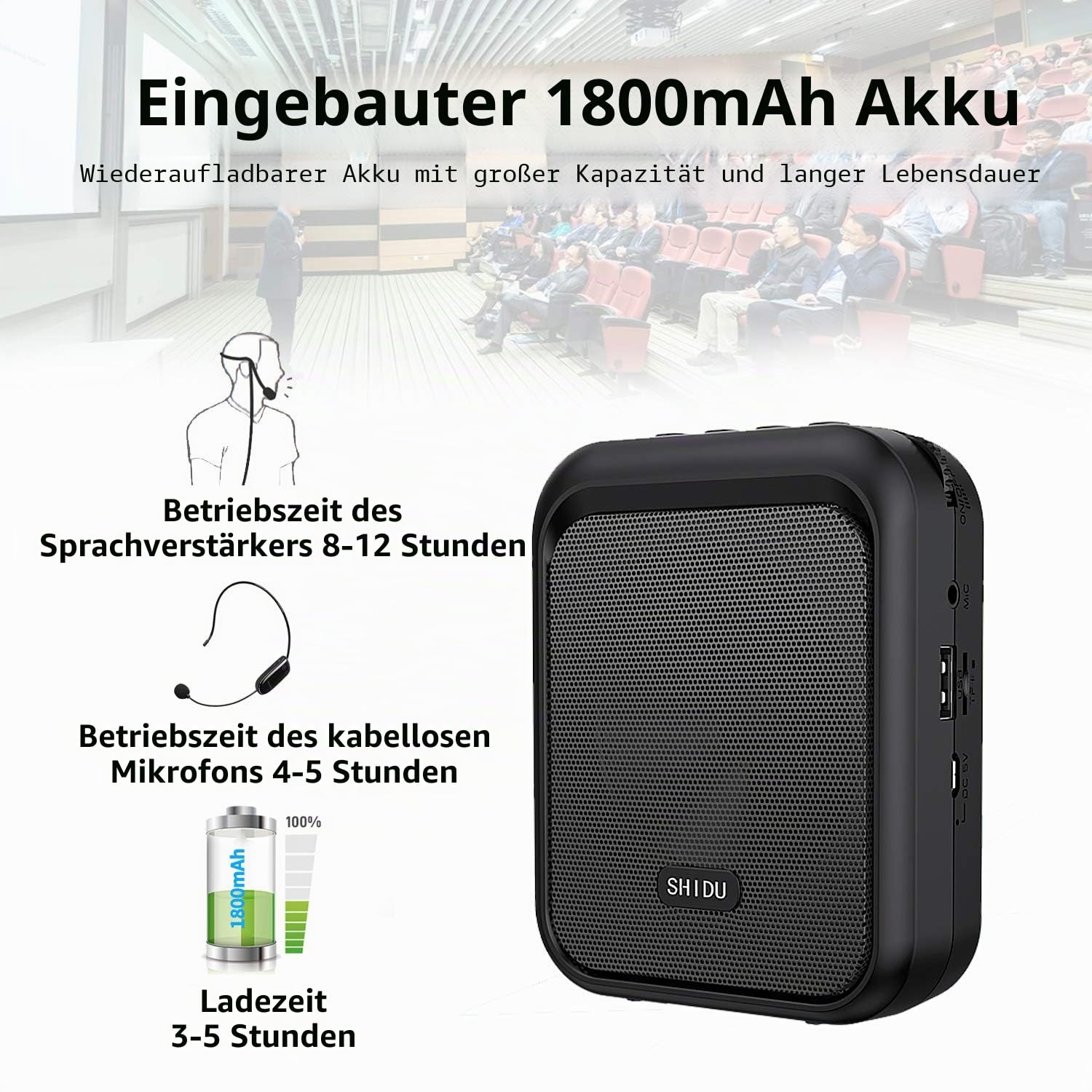 SHIDU Sprachverstärker Tragbarer Bluetooth Lautsprecher mit drahtlosem UHF Mikrofon Headset 10W 1800mAh PA-System Unterstützt Audio im MP3-Format für Lehrer, Taxifahrer, Trainer, Training, Reiseleiter