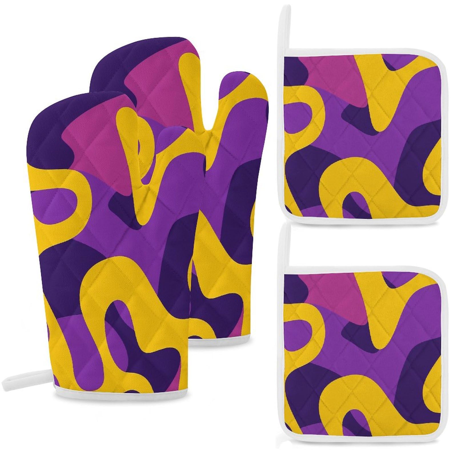 HJUL Yellow and Purple Pattern Oven Mitts and Pot Holders Sets of 4 Heat Resistant Cooking Gloves and Hot Pads Grilling Gloves Non-Slip Kitchen Mittens for Cooking Baking Grilling BBQ, Style-9-1