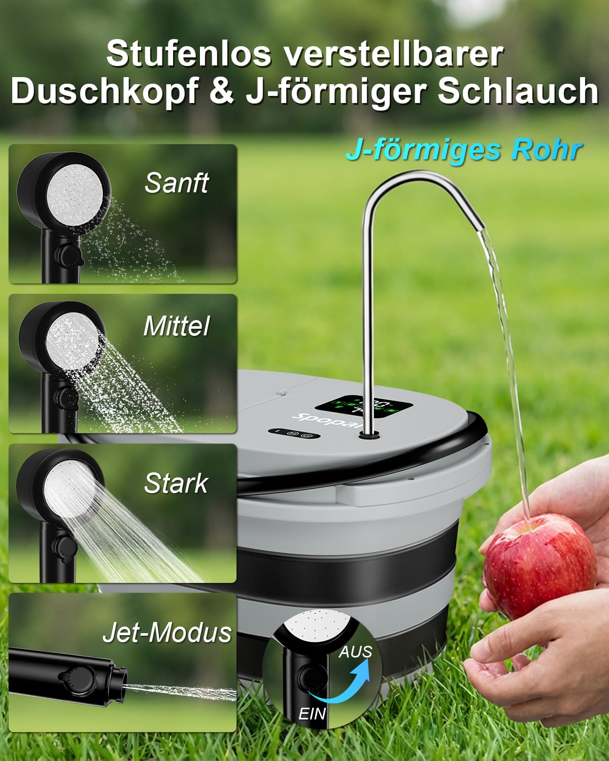 Spopal Campingdusche 20-Liter-Wassereimer 13000-mAh-Akku LED-Anzeige 5-stufige Wasserströmung Tragbarer Akku Dusche