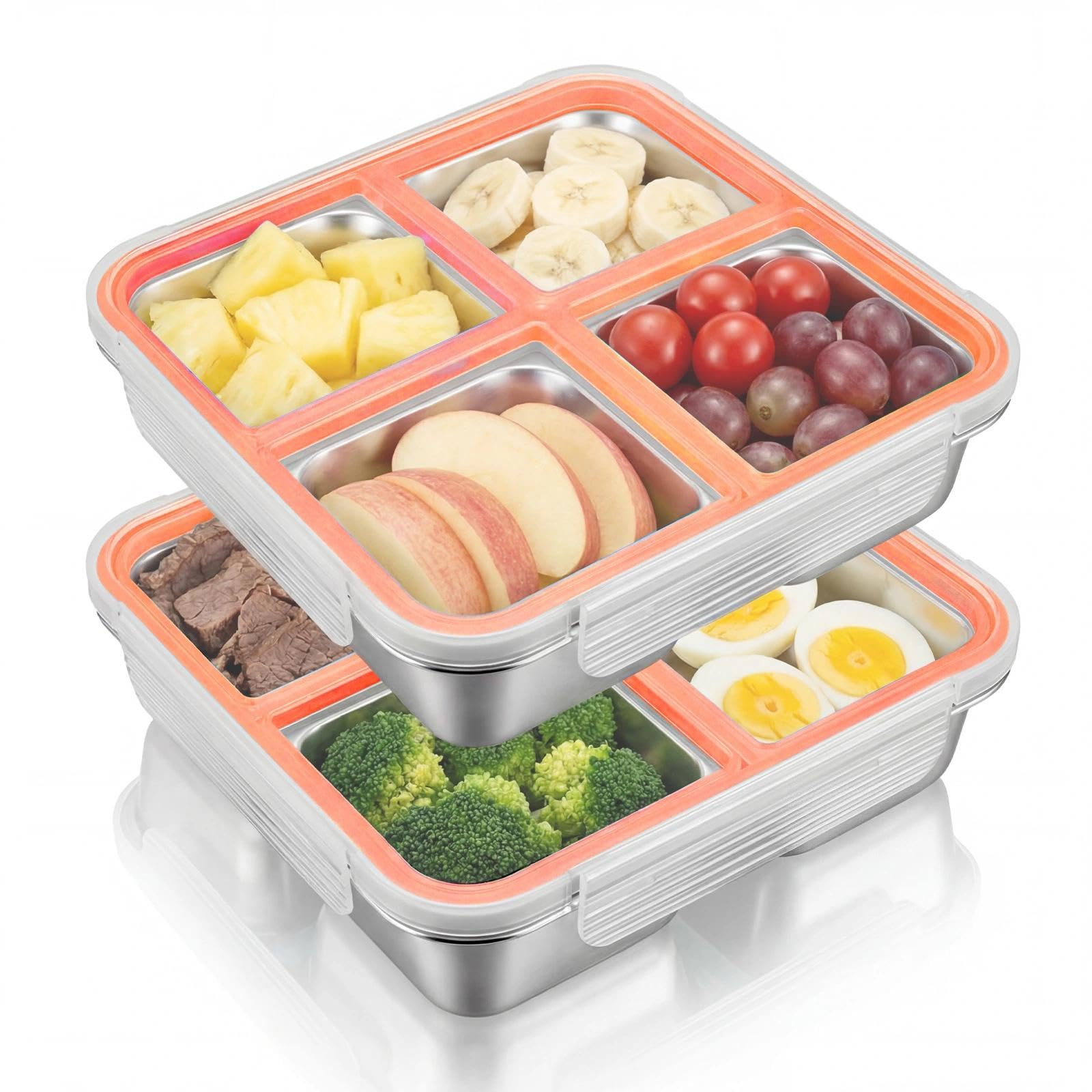 Zynaxir 2 Pcs Snack Box with 4 Compartments Lunch Boxes Reusable Stainless Steel Bento Box Leakproof Metal Food Containers with Lids for Home Work Travel (720ML, Orange)