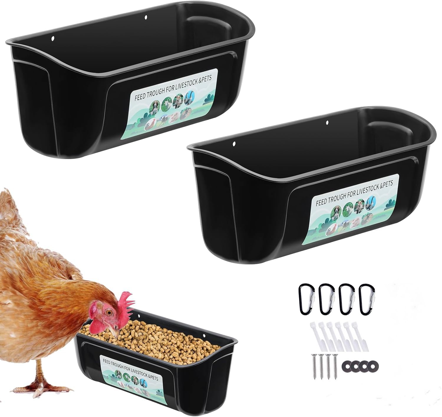 View 1 of 2 Pack Chicken Duck Dog Feeder, Poultry Feeders and Waterers, Hanging Goat Feeder, Livestock Feeding Container, Feed Trough and Waterer Bucket with Clips (Black)