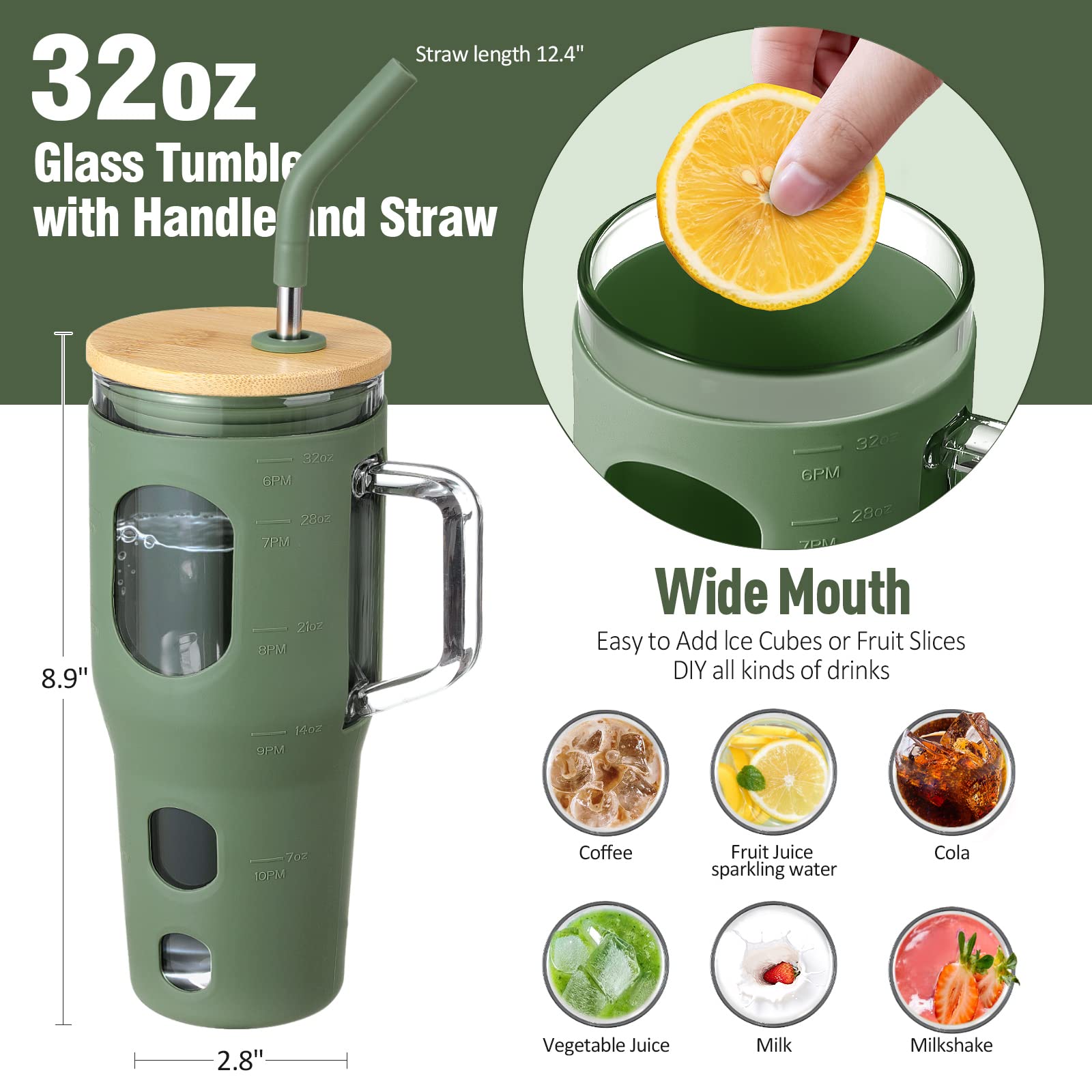 VOKOVO 32 Oz Glass Tumbler with Bamboo Lid and Straw, Glass Water ...