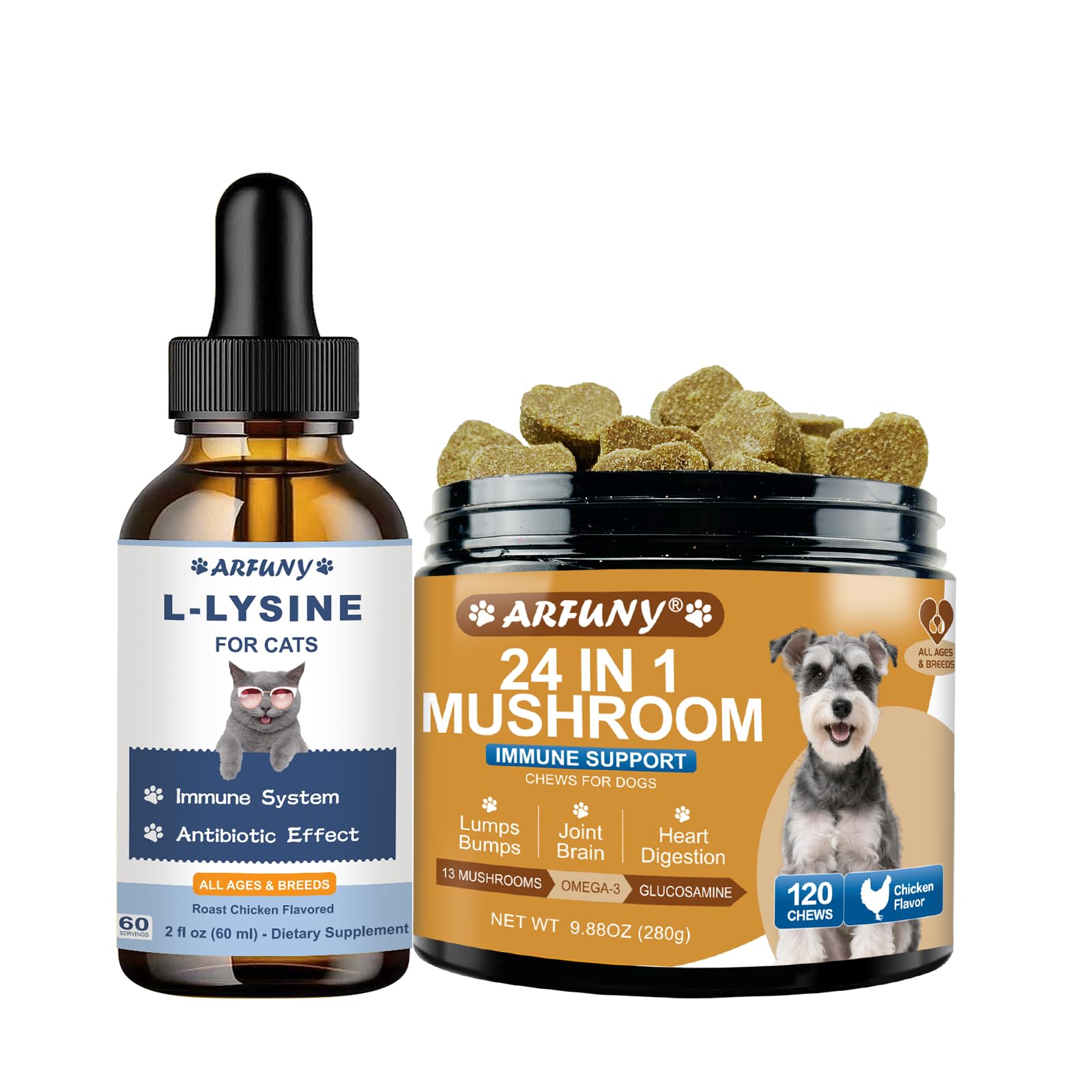 Gouttes de L-lysine pour chats et friandises champignons chiens