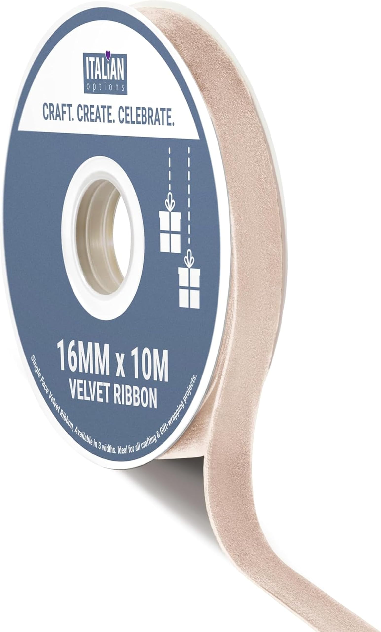 Italian Options Velvet Ribbon, Luxury, Single-Face Velvet Ribbon for Crafting, Christmas, Bows, Hair, Cakes, Weddings, Ornaments, Gift Wrapping, Flowers, 16mm x 10 Metre Roll, Taupe