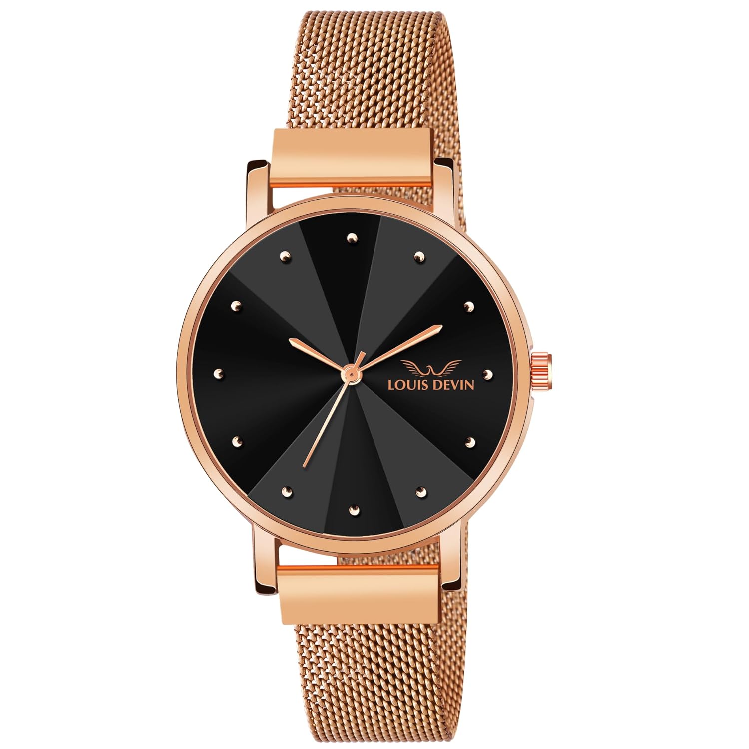 LOUIS DEVIN Rose Gold Plated Mesh Chain Analog Wrist Watch for Women (Blue/Green/Brown/Black Dial) | LD-RG173