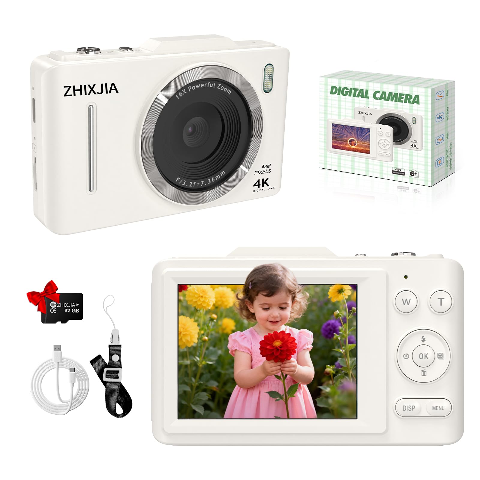 Digital Camera, 1080P FHD 4K 48MP Autofocus Compact Digital Camera with 2.8" LCD Screen, 16X Digital Zoom Digital Cameras with 32GB Card, Vlogging Camera for Kids Beginners Teens Students, White
