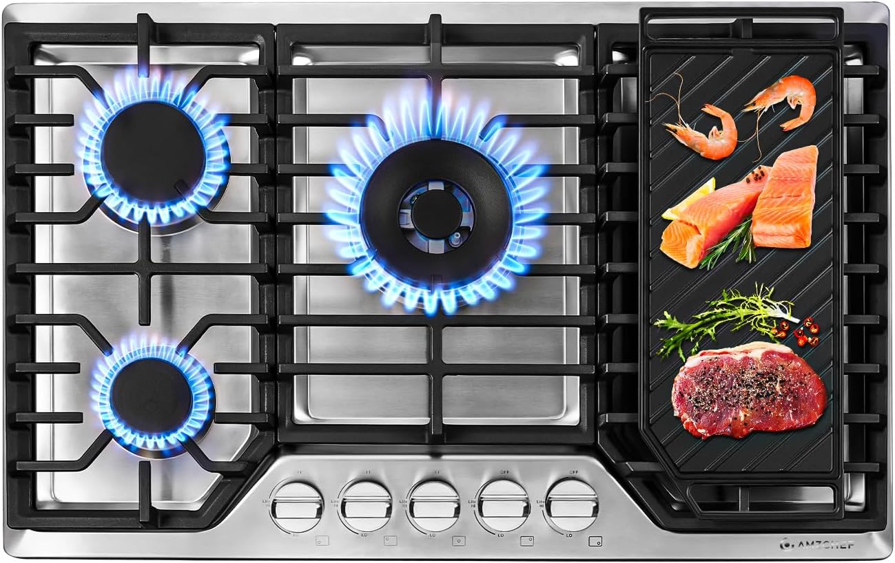 AMZCHEF 30 inch Gas Cooktop with 5 Made in Italy SABAF Power Burners