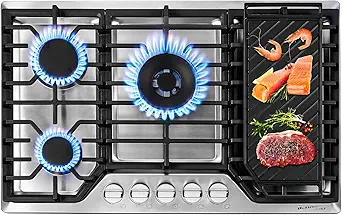 AMZCHEF 30 inch Gas Cooktop with 5 Made in Italy SABAF Power Burners,Max 48300 BTU/hr Built-in Gas Stove top of 304 Stainless steel with Double Sided griddle,NG/LPG Convertible,ETL.