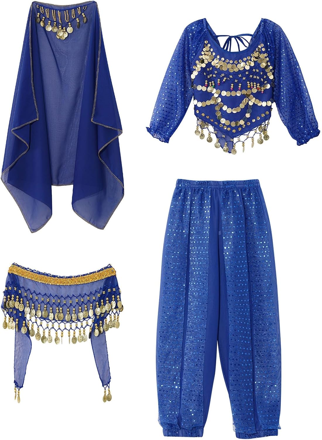Costume Danse Du Ventre Enfant Fille 5-14 Ans - Ensemble Haut, Pantalon, Écharpe Et Foulard Oriental Pailleté