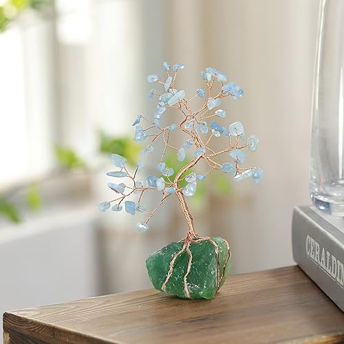 Miniatura 9 de rockcloud Árbol de dinero de cristal con base irregular de racimo de fluorita cruda, árbol bonsái de la suerte de alambre de cobre para decoración