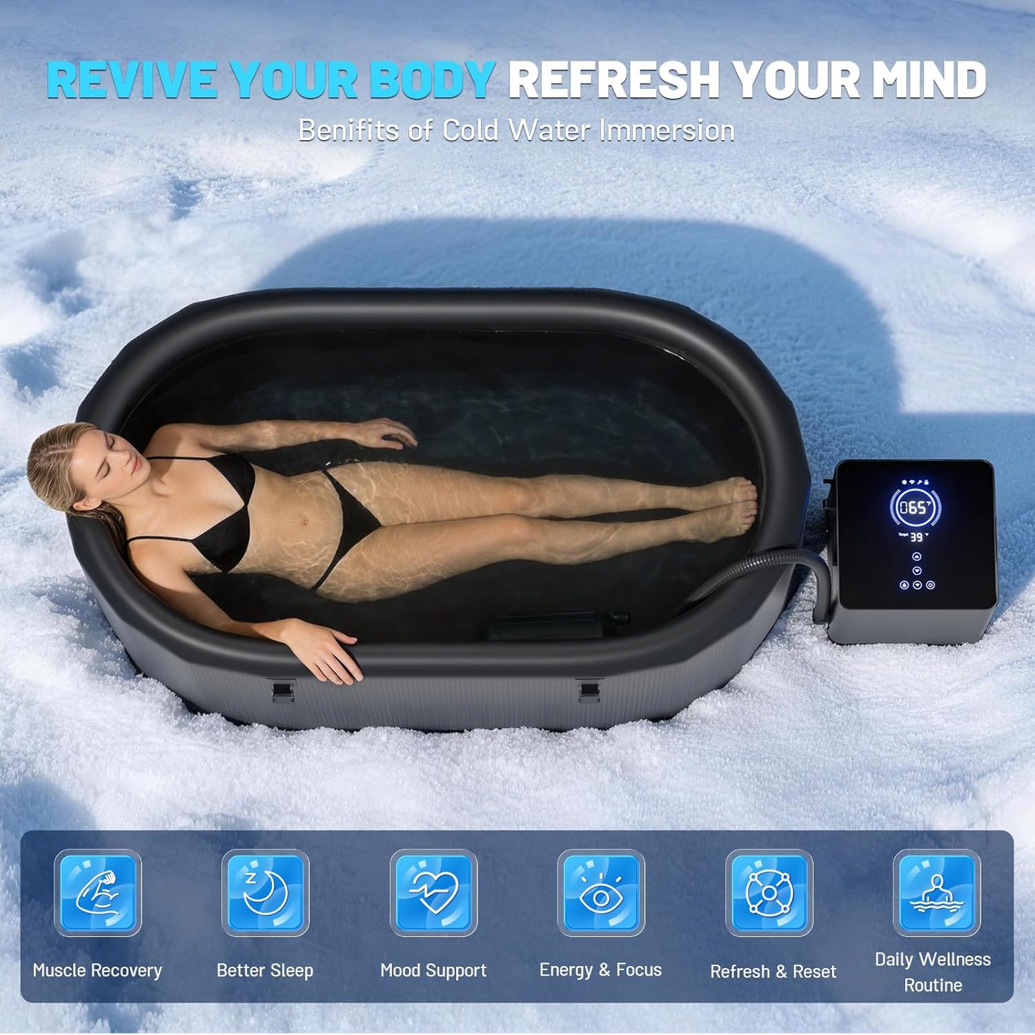 Cold Plunge Chiller Pro, 1/2 HP Drop-in Ice Bath Water Chiller for Any Tub, Cools to 39°F, No Installation Required, WiFi App & Touchscreen Control, Ready-to-Use Cold Therapy System 110V