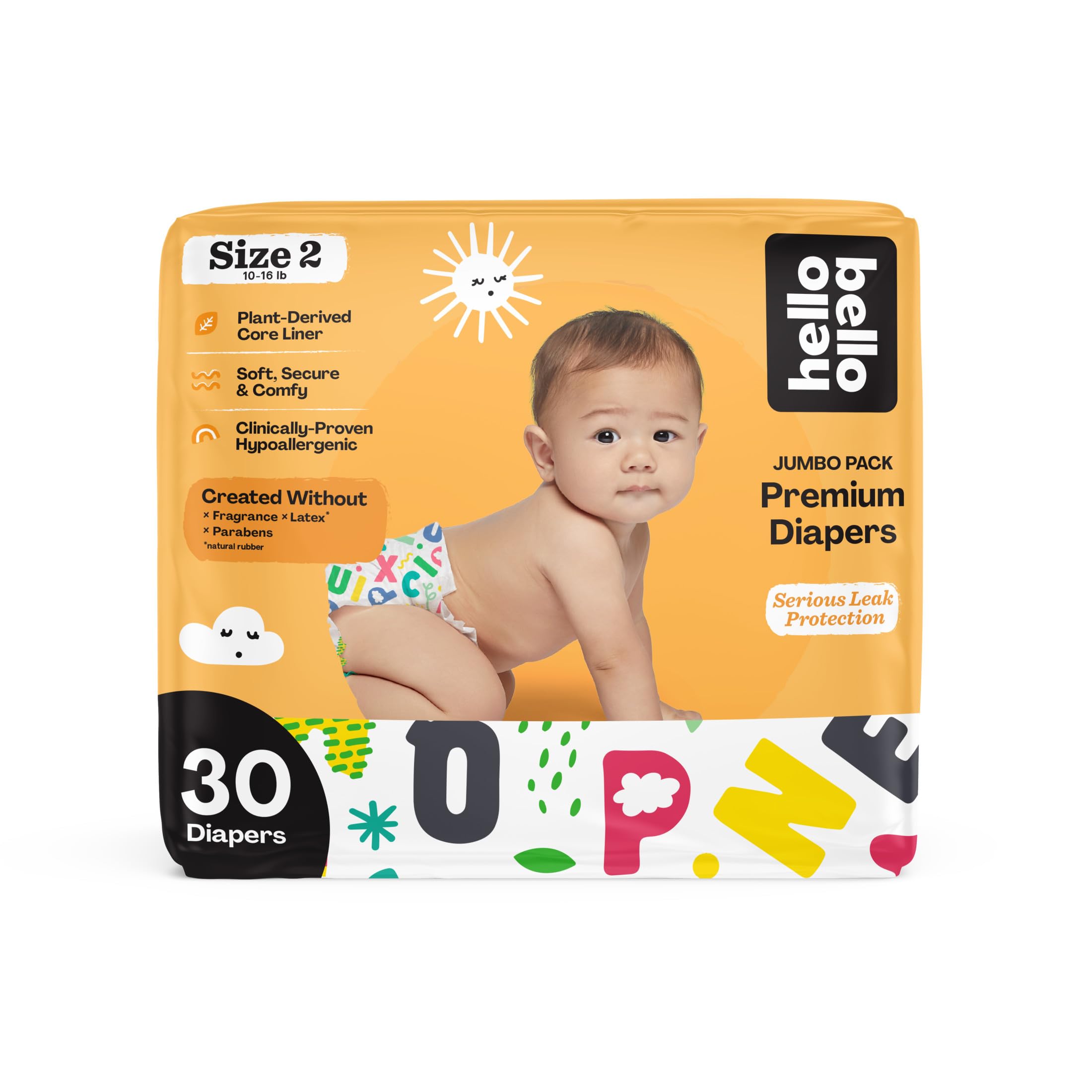 Hello Bello Premium Baby Diapers Size 2, 30 Count of Disposable, Extra-Absorbent, Hypoallergenic Baby Diapers with Snug and Comfort Fit, Alphabet Soup
