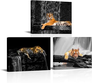 RyounoArt Tiger Painting on Canvas Black and White Tiger Picture Print Wild Animal Artwork for Wall Decor Gallery Wrapped 12 * 16in*3pcs