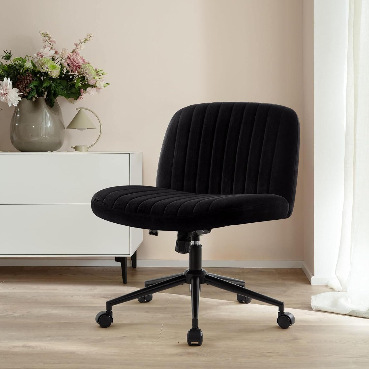 IWMH Criss Cross Chair Cross Legged Office Chair with Wheels Armless Wide Seat Desk Chairs Height Adjustable Computer Task Chairs Swivel Vanity Chair for Home Office Bedroom Make Up Small Space Black