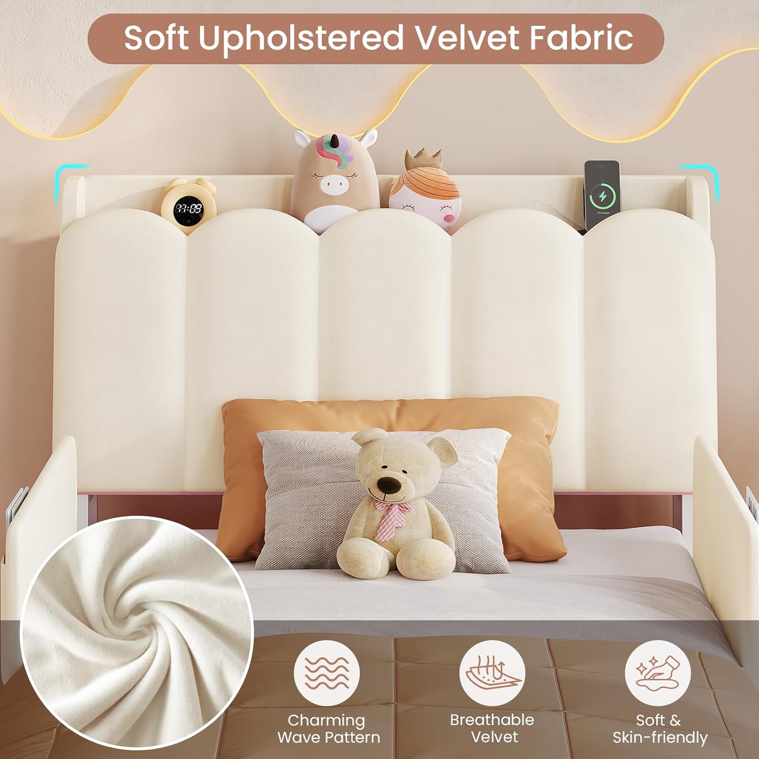 DICTAC Twin Size LED Bed Frame with Storage Drawer and Safety Guardrails, Velvet Upholstered Platform Bed for Kids with Chic Wavy Storage Headboard, Charging Station, Heavy Duty Metal Support, Beige