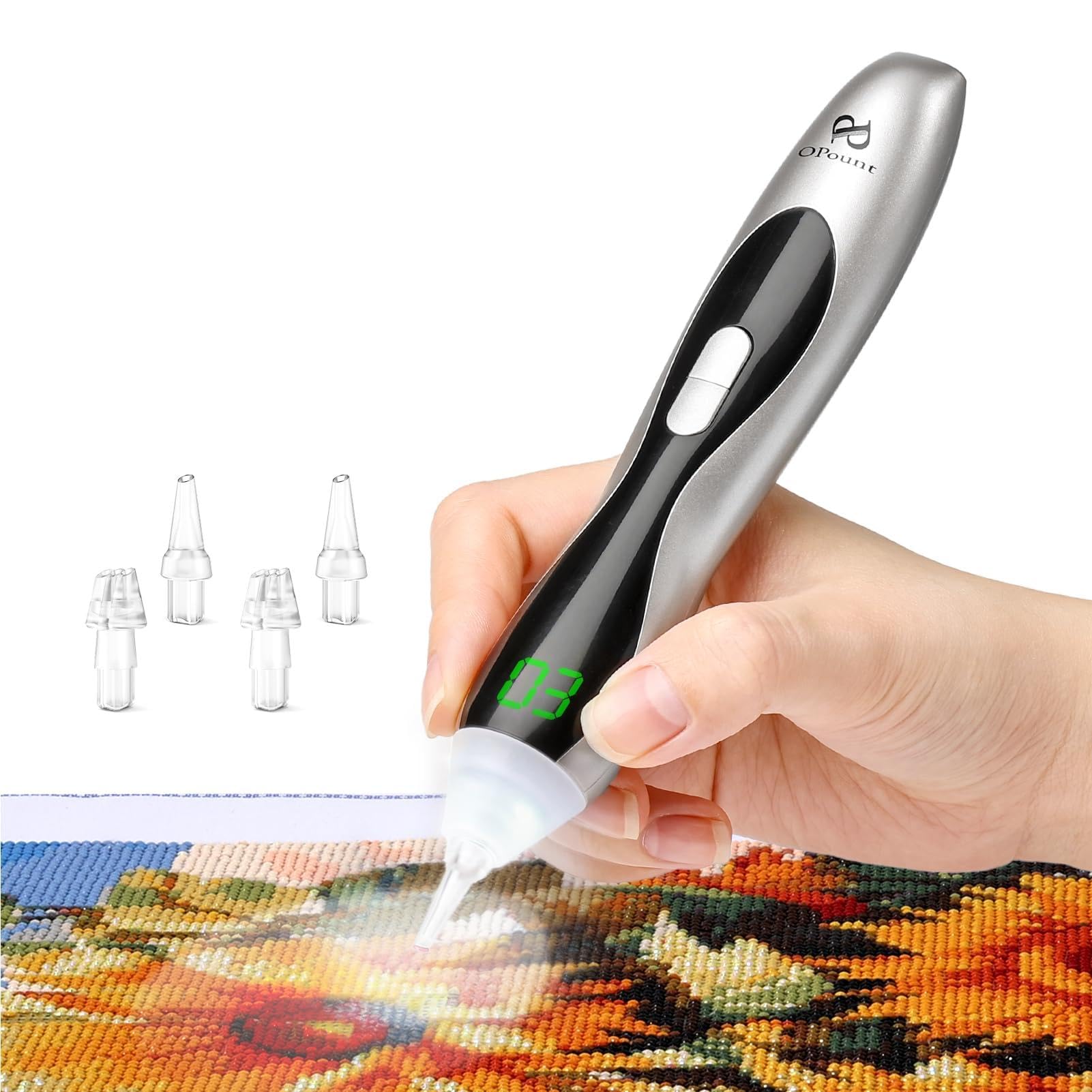 PP OPOUNT Elektrischer Diamond Painting Stift Silber mit LED Licht & Display, 3 Saugstufen, Kabellos & Wiederaufladbar, Leiser Vacuum Stift, Ergonomisches Diamond Painting Zubehör für Erwachsene
