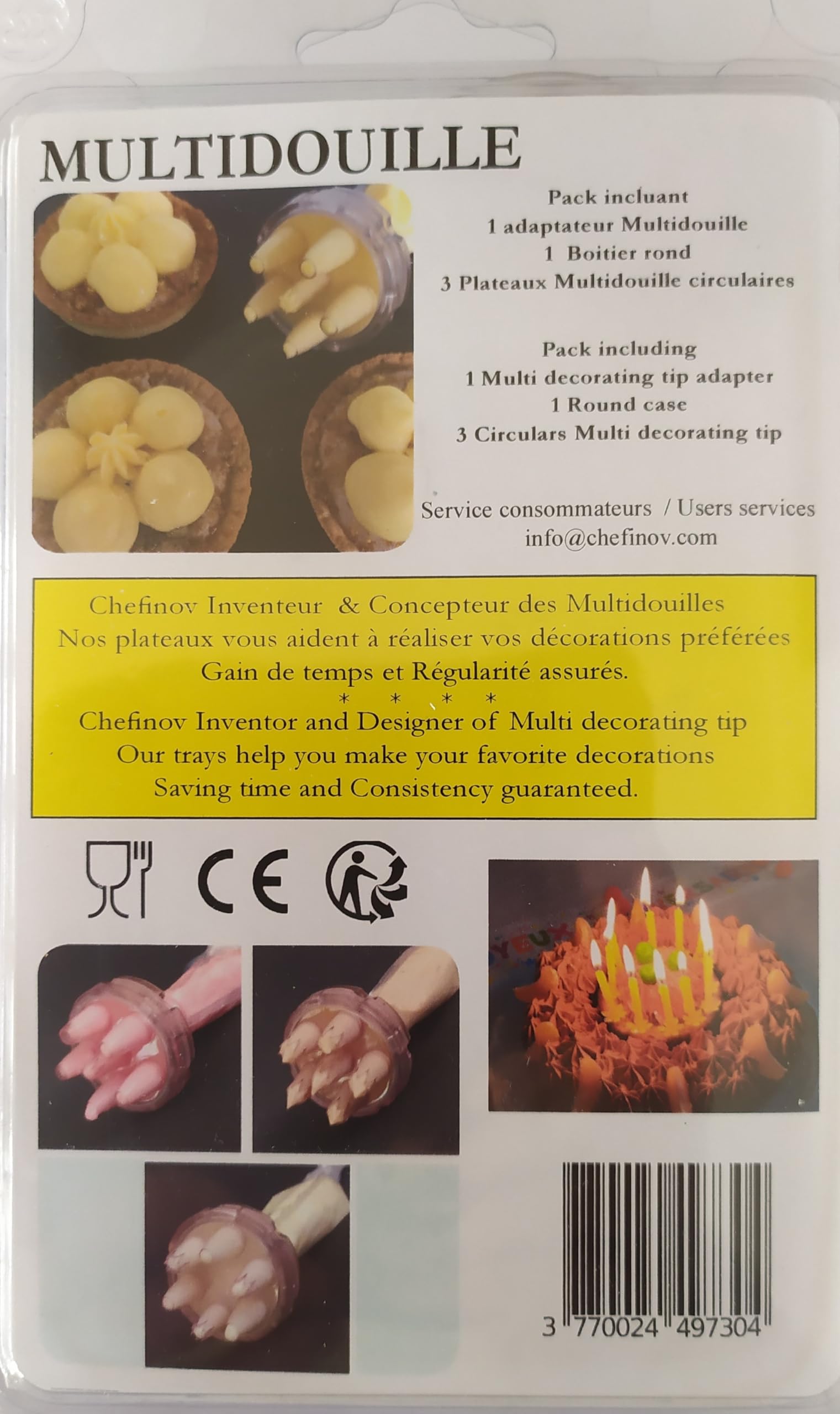 Coffret Multidouille Chefinov - 3 Plateaux Circulaires - Douilles pâtisserie unies et cannelées - Une seule pression le décor est réalisé. Fabriqué en France