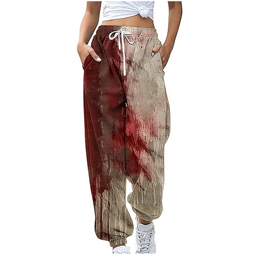 BONIXOOM Halloween Sweatpants Women 2024 Fall Funny Scary IM Fine Bloody Print Pants Drawstring High Waist Festival Costumes