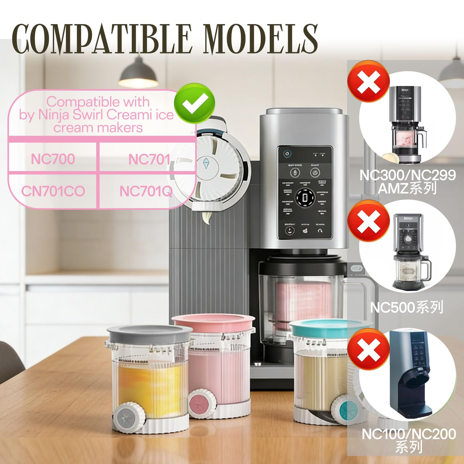 Lot de 4 Pots pour Ninja Creamy Deluxe NC700 NC701,480ml Pot pour Ninja Creamy Swirl,Accessoires pour Ninja Machine à Glace,Sans BPA avec Couvercles Étanches et Lave Vaisselle