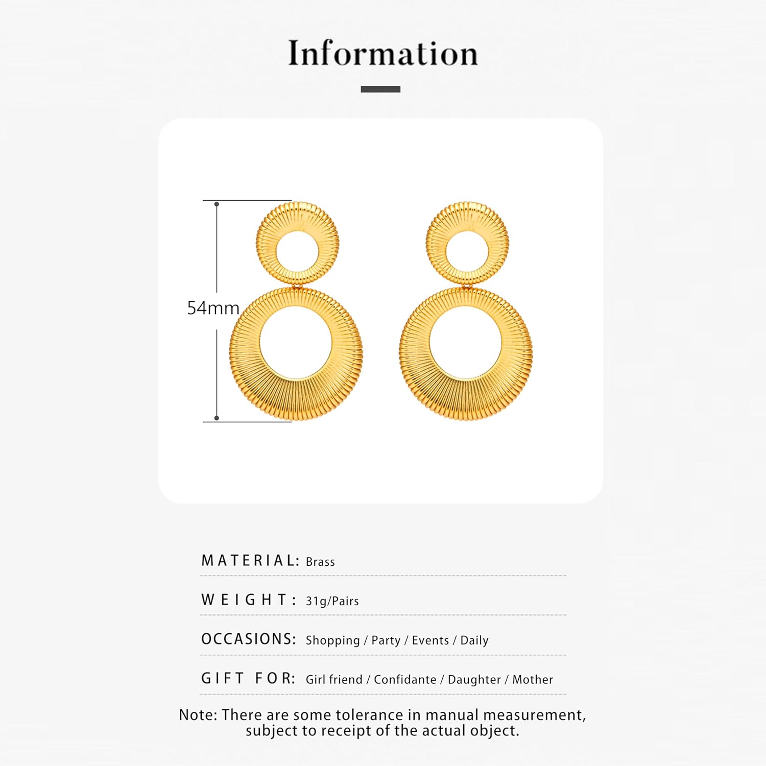 18K Gold Dangle Earrings, Suitable for Women Earrings, Thick and Sturdy Hypoallergenic, Fashion Jewelry, Exaggerated Earrings, Double Ring Splicing Stripe Earrings, Trendy Jewelry Gifts.