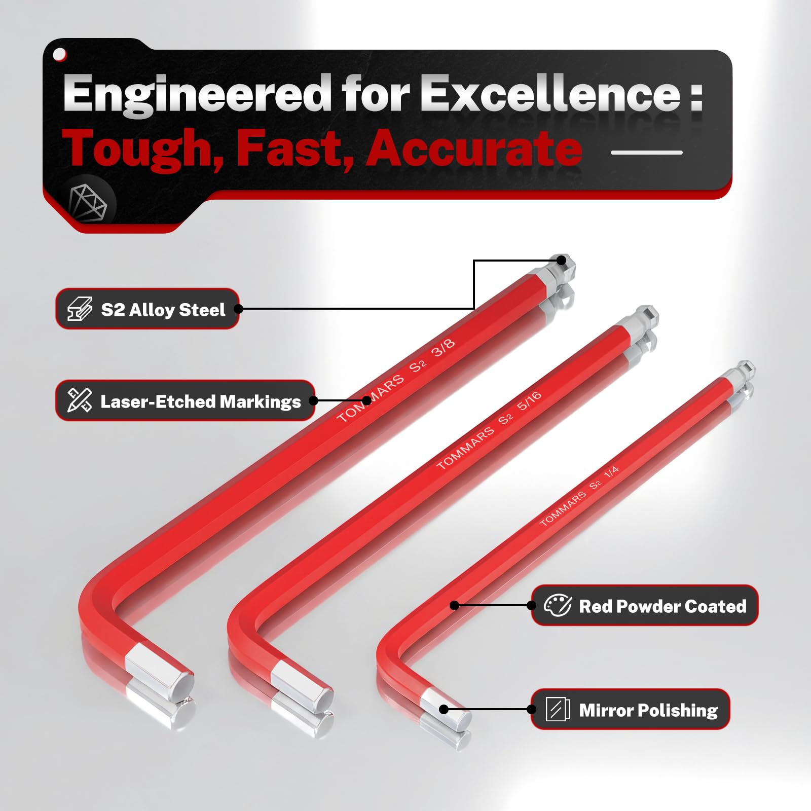 TOMMARS Set di chiavi esagonali con estremità a sfera magnetica S2 in acciaio grande con chiave esagonale a T Set di chiavi a brugola SAE (1/16 "-3/8") Metrica (1,5 mm-10 mm) TORX (T10-T50)
