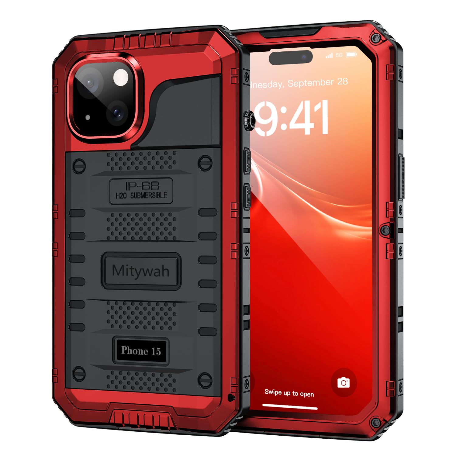 Mitywah Waterproof Case for iPhone 15, Heavy Duty Shockproof Case with Built-in Screen Protector, Full Body Underwater Protective Metal Case 6.1 inch,