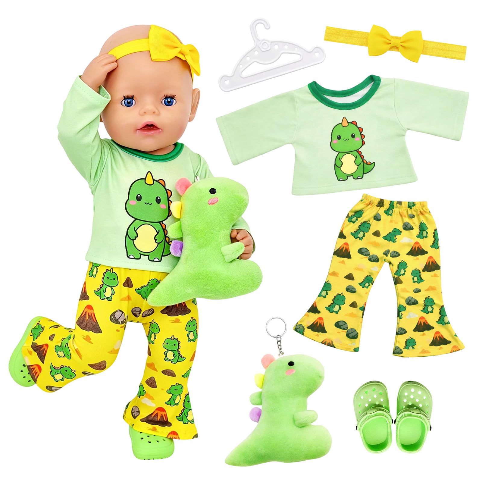 Atomvia Baby Doll Clothes 35–43 cm, 6-Piece Baby Doll Outfit with Top, Flared Pants, Shoes, Headband, Dino Plush Toy and Clothes Hanger,Dolls Clothes Accessories for 14–17 Inch Dolls (Without Doll)