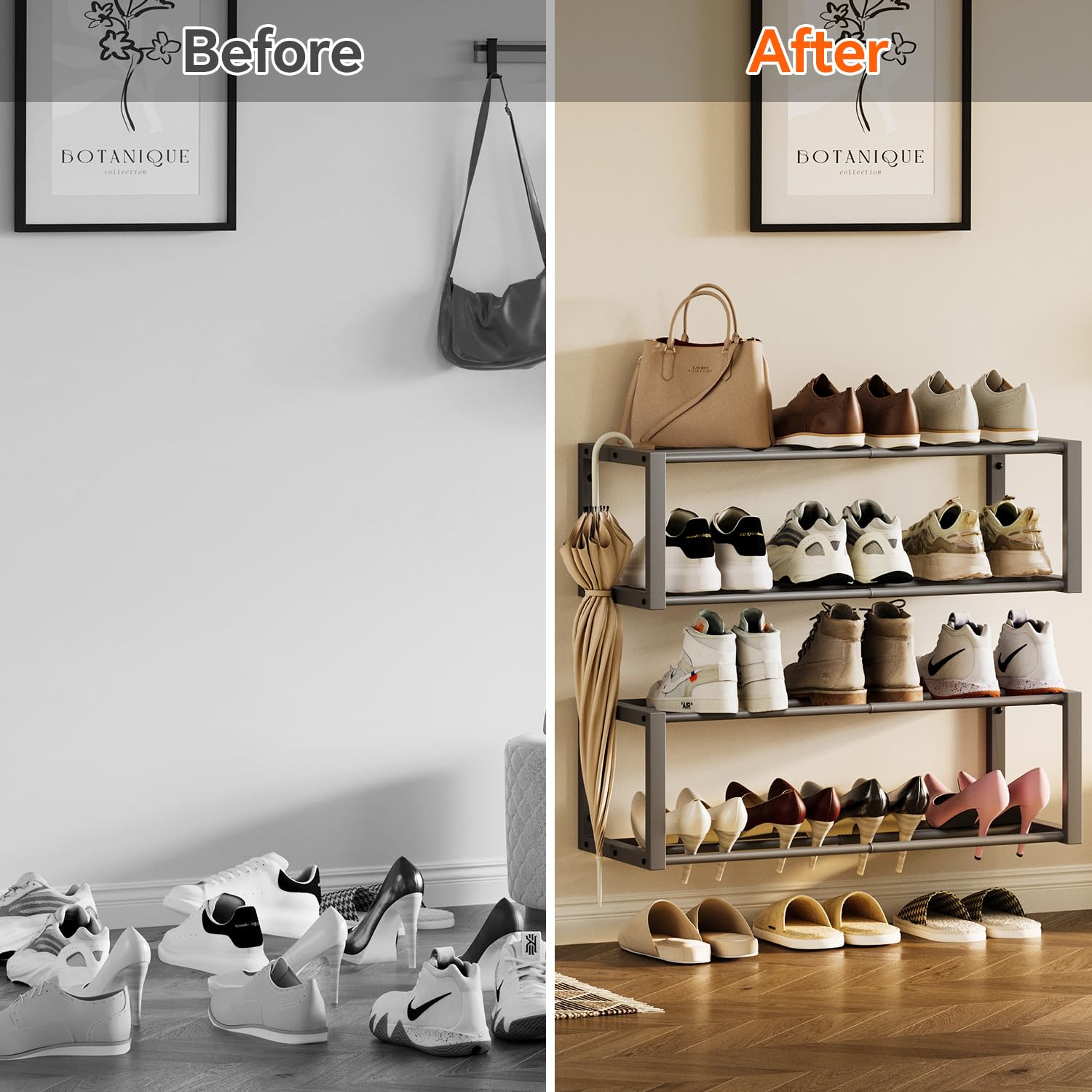 Homeiju Hängender Schuh-Organizer, 2 Stück, Wandmontage, für 12 Paar, platzsparendes Metall-Wand-Schuhregal, Schuhhalter zum Aufhängen für kleine Räume, Eingang, Schrank, Wohnmobil, Wohnmobil (grau)