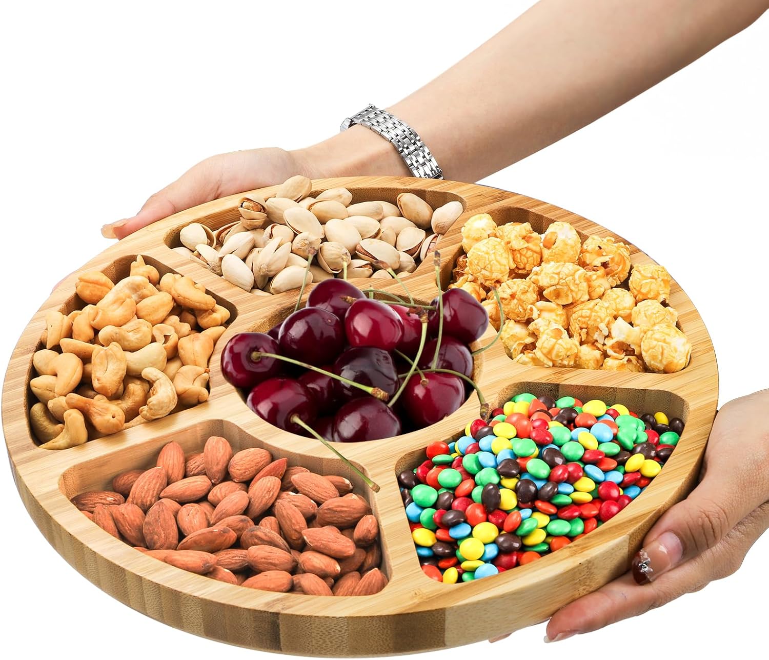 Dicunoy Divided Serving Dish Tray, 13'' Bamboo Rotatable Veggie Fruit Platter, Lazy Susan Relish Sectional Snack Container Bowls with 6 Compartments for Candy, Appetizer, Nuts, Parties - Image 4