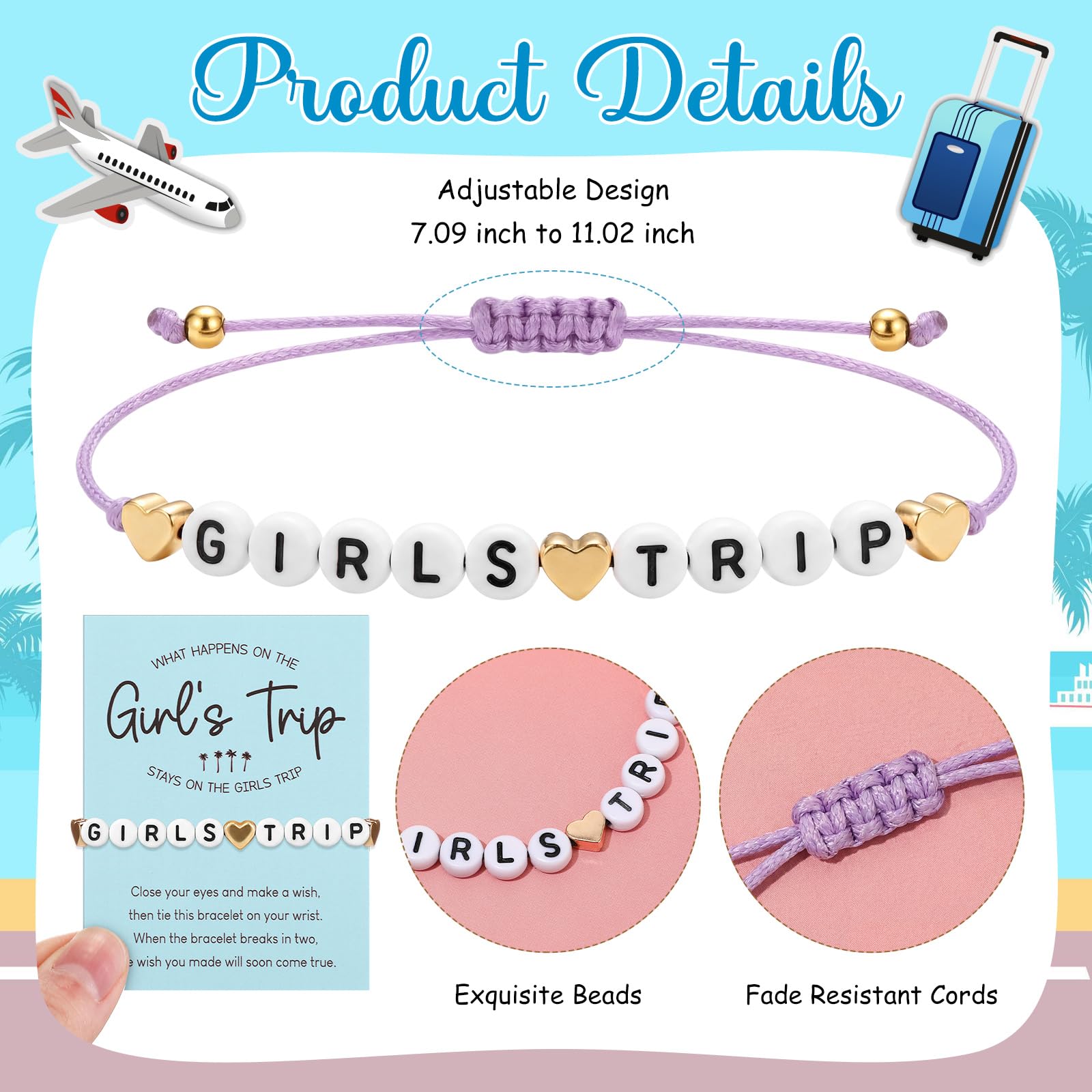 6 Pcs Girls Trip Bracelet Girls Weekend Gifts Favors Beaded Heart Bracelets with Cards Friendship Favors for Female Lady Friends Sisters Bestie Bachelorette Party
