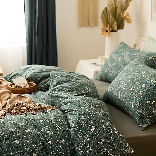 Miniatura 6 de VClife Juego de ropa de cama de algodón de punto jersey, tamaño Queen, color verde, estilo bohemio, para niños, adolescentes y adultos, funda de