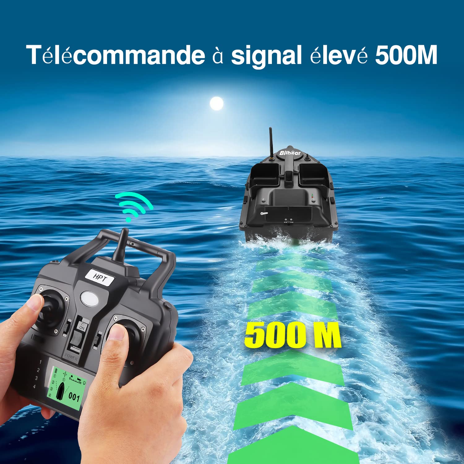 GPS Bateau Amorceur,télécommandé Bateau d'appât,3 trémies Bateau d'appât de pêche,Pêche à la Carpe,Sondeurs LCD avec capteur Sonar,Piles de Rechange,Sac à Main (Bateau Noir avec sondeur)