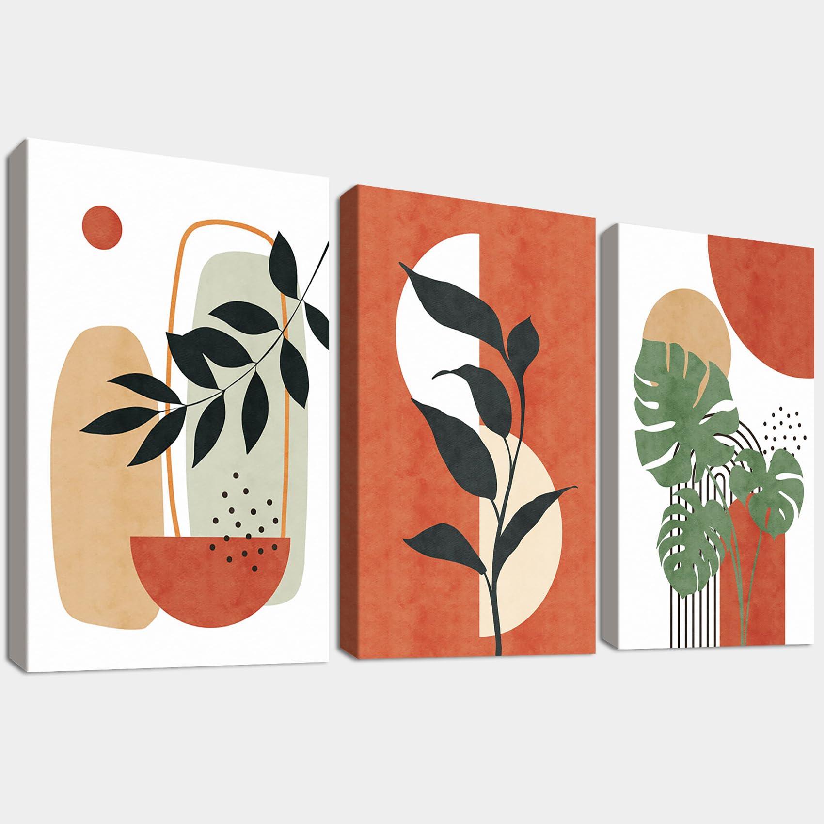 3Pcs Wooden Framed Boho Canvas Wall Art Orange Abstract Leaves And Sun Painting Canvas Prints Nordic Minimalist Geometric Picture for Living Room Bedroom Hallway Home Wall Decor 90x40cm(12"x16"x3pcs)