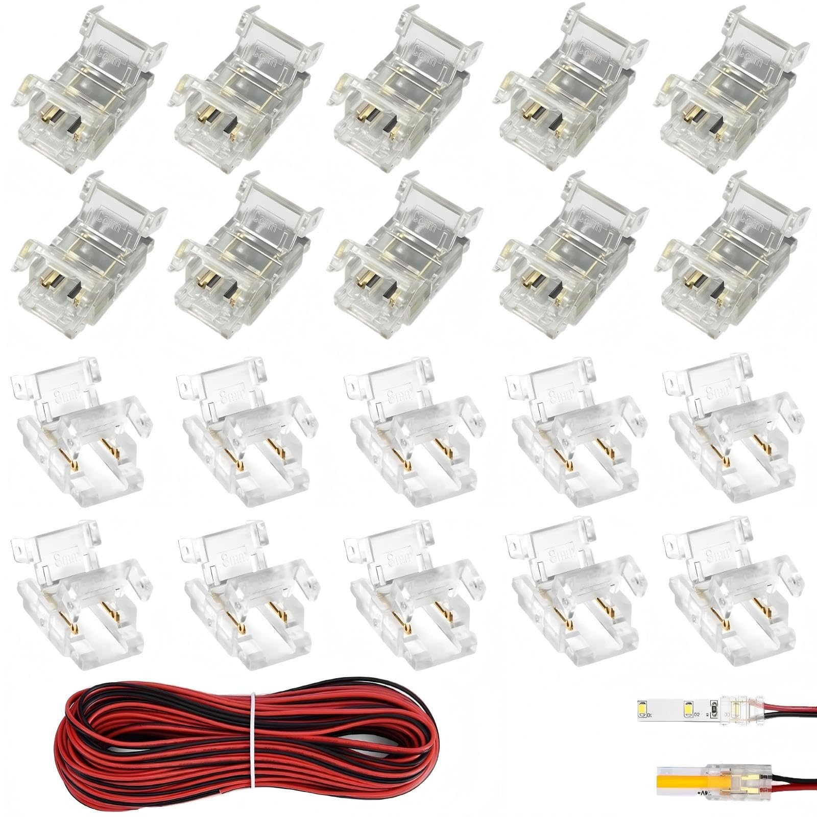 21PCS 2 Pin 8mm COB LED Strip Light Connectors with 16.4ft Extension Cable, 22 AWG Stable Connection Wire Connectors Adapter, Connection for 8mm Width COB/SMD LED Strips Lights(2 Types of Connector)