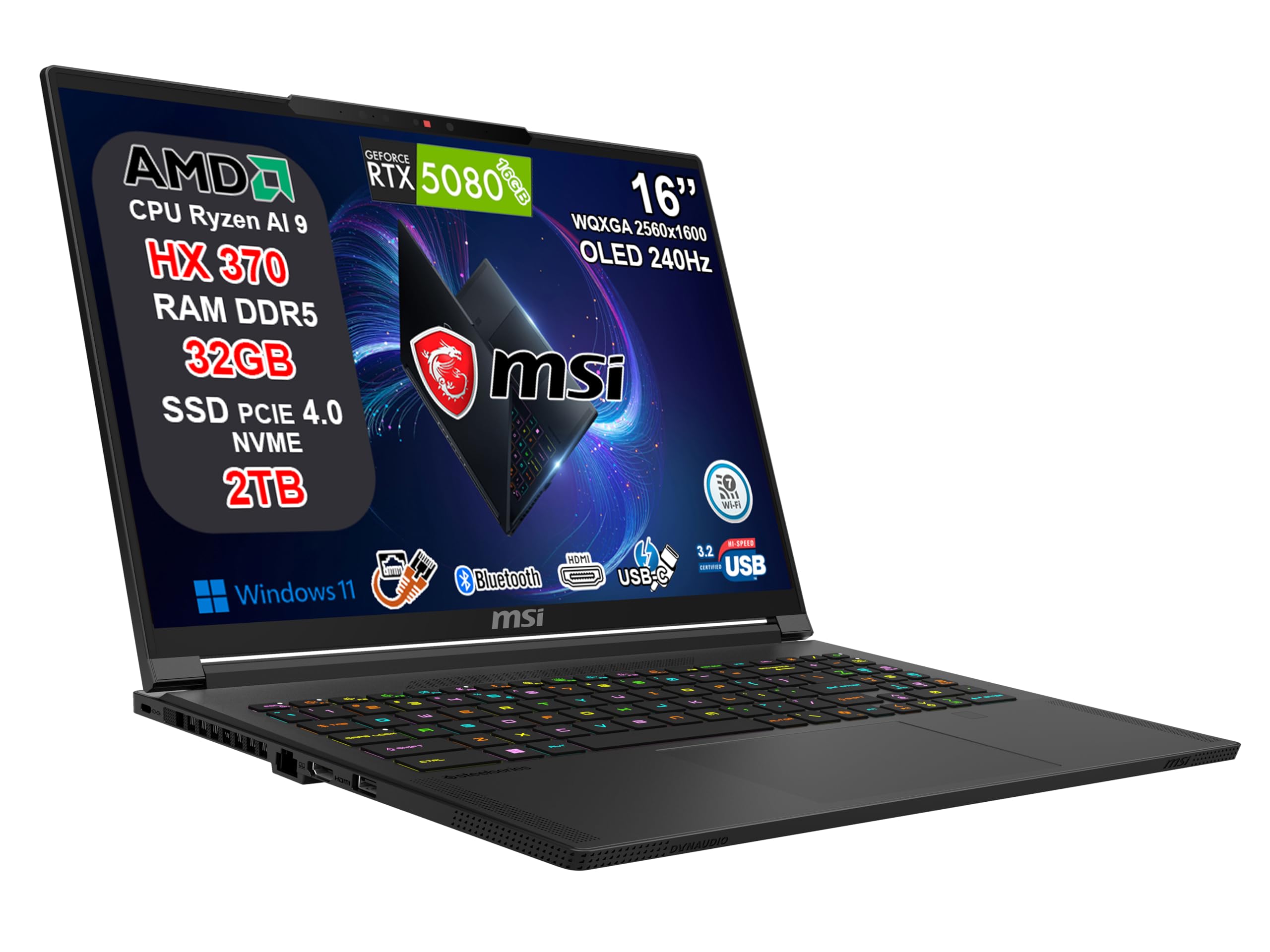 msi Stealth A16 AI+ Notebook Gaming Ryzen AI 9 HX 370, RTX 5080 16GB GDDR7, 32GB RAM, 2TB SSD, 16" QHD+ OLED HDR 240Hz 100% DCI-P3, Thunderbolt 4, Wi-Fi 7, Tastiera RGB, Fingerprint, Windows 11