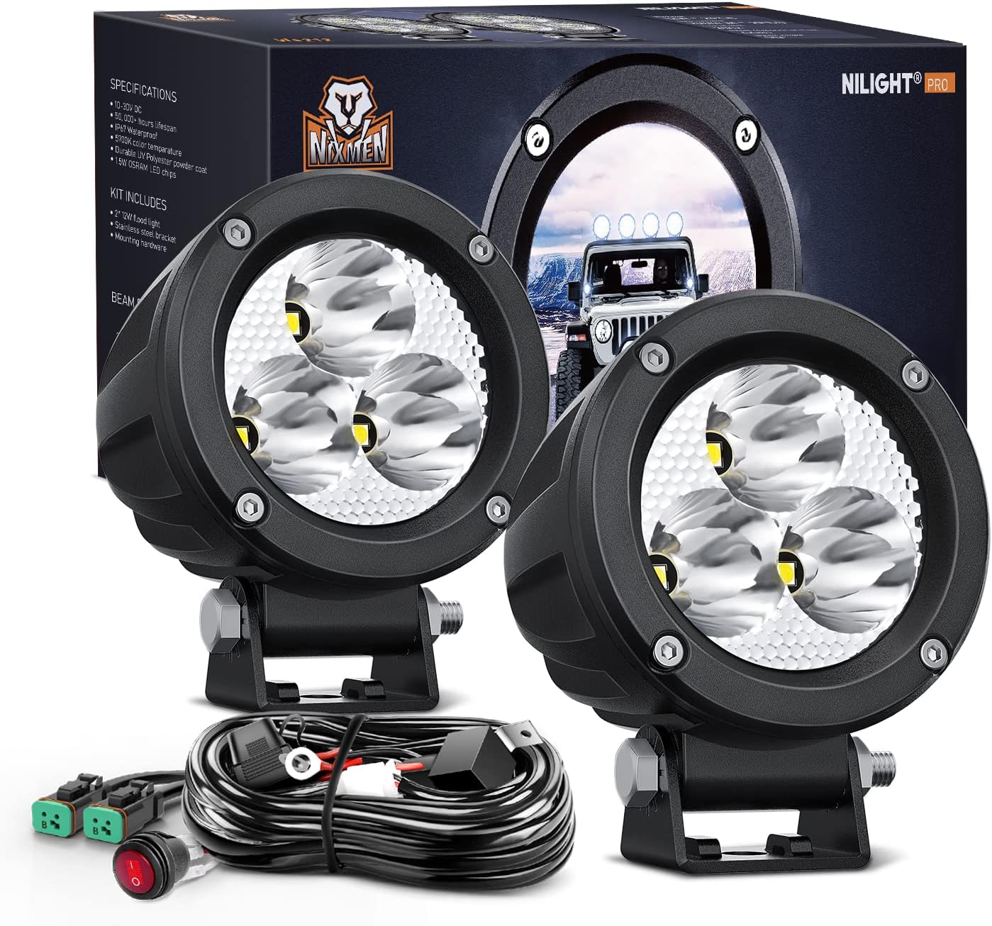 Nilight 3Inch Round Motorcycle Led Light Pods 2PCS Spot Led Fog Light 1550LM Built-in EMC Offroad Driving Auxiliary Ditch Light for Motorbike SUV ATV Truck Boat Tractor Forklift